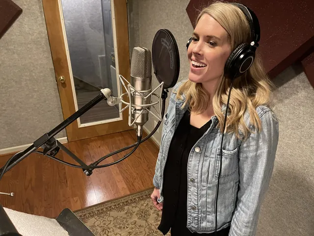 Smiling female vocalist in a denim jacket at the vocal booth microphone
